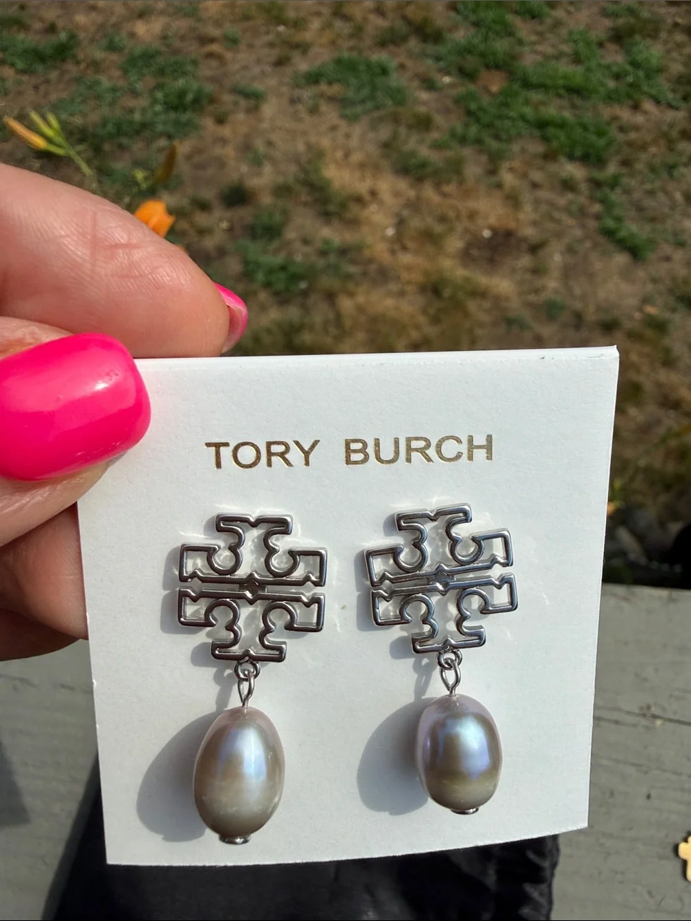 Tory Burch Silver Logo & Gray Pearl Drop Earrings — With Dust Bag — NWOT